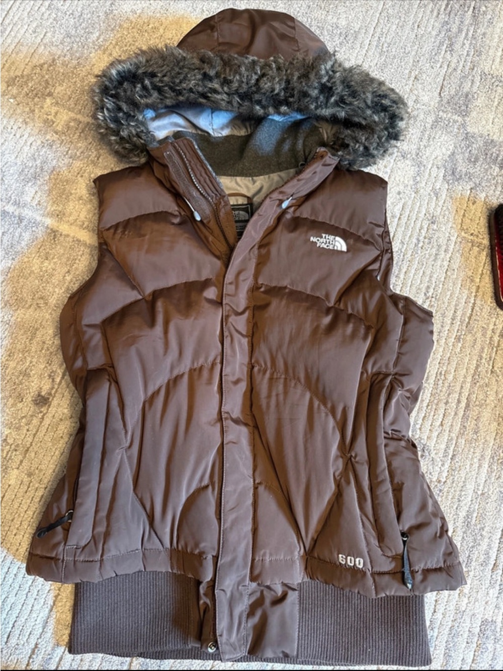 The North Face Brown Hooded Puffer Vest with Faux Fur Trim